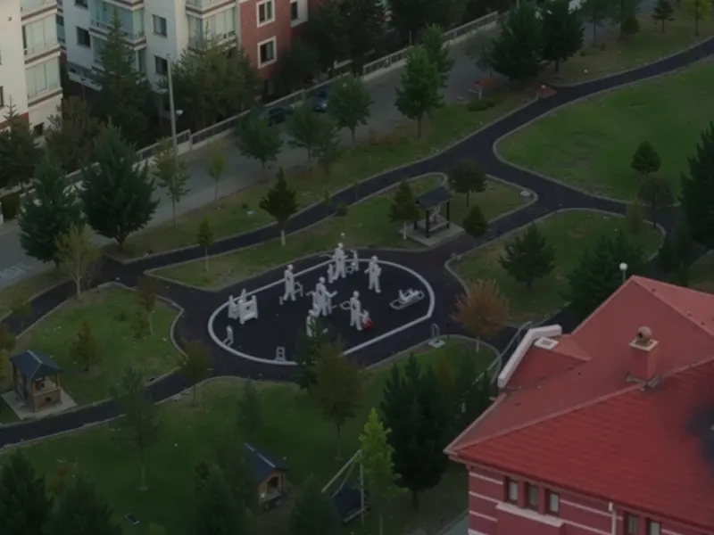 Park içinde yürüyüş yolları ve oyun alanı, havadan görünüm.