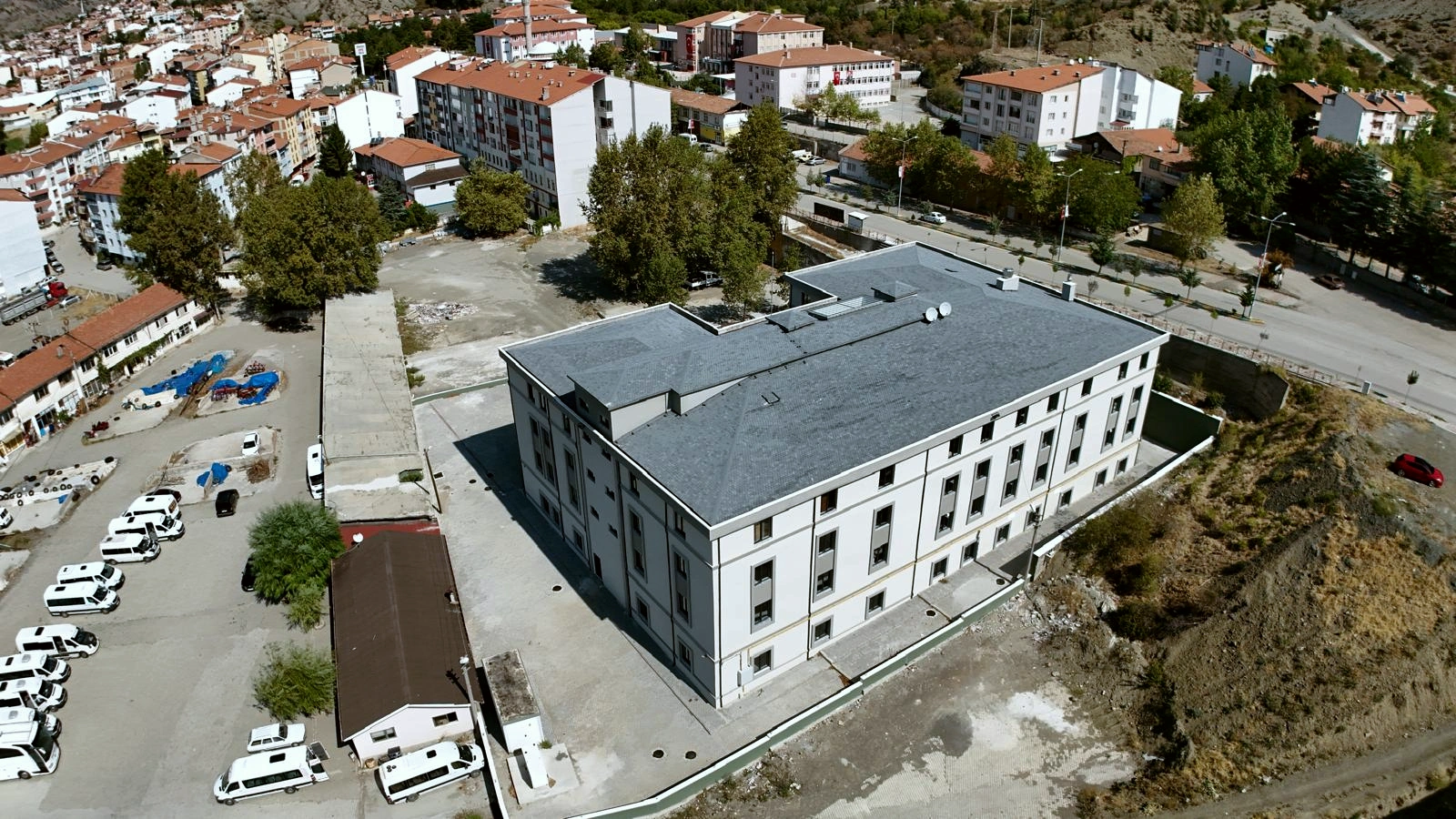 The building and the town fabric, seen from the air.